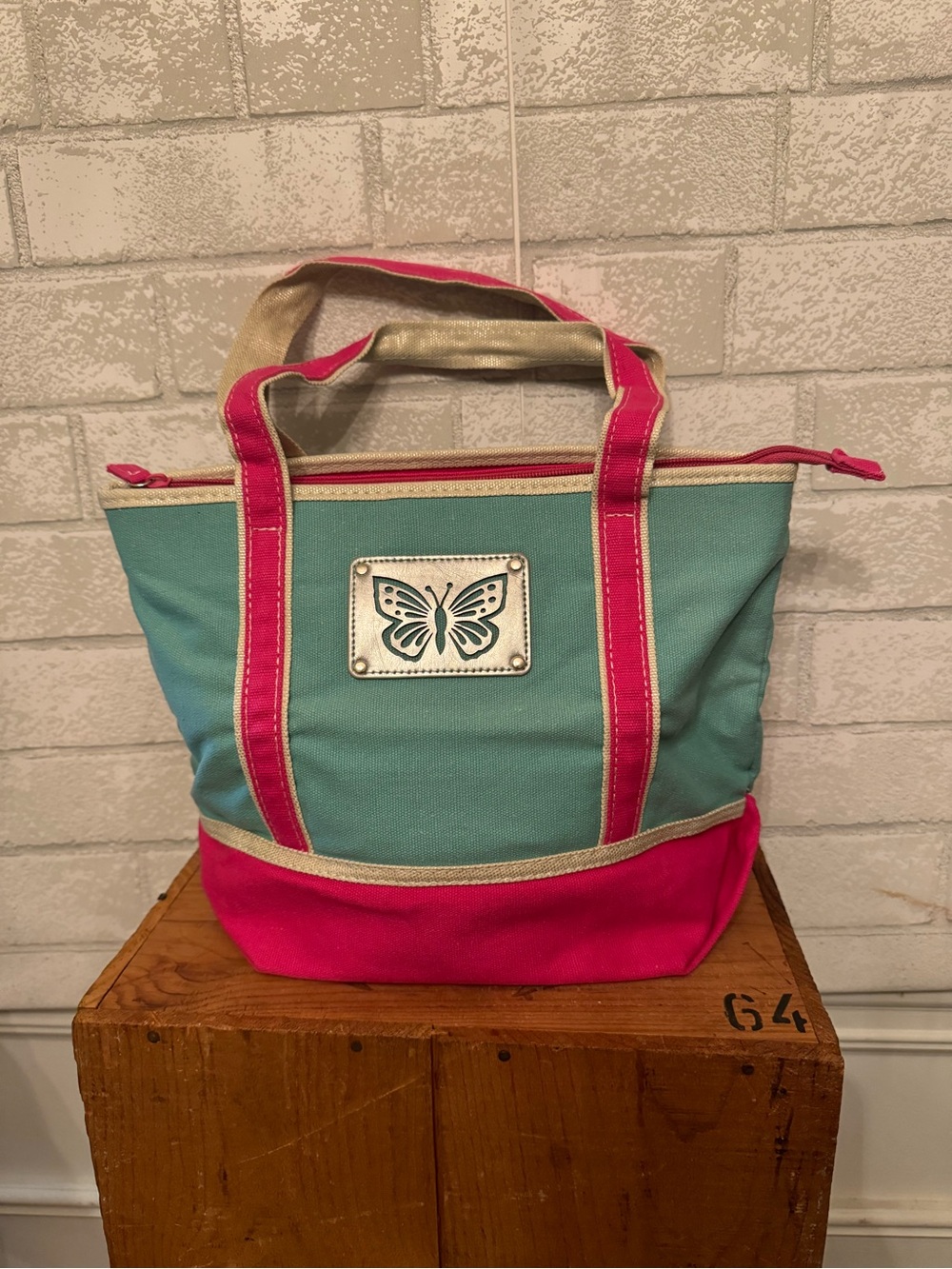 Canvas Butterfly Tote Bag in Teal and Pink